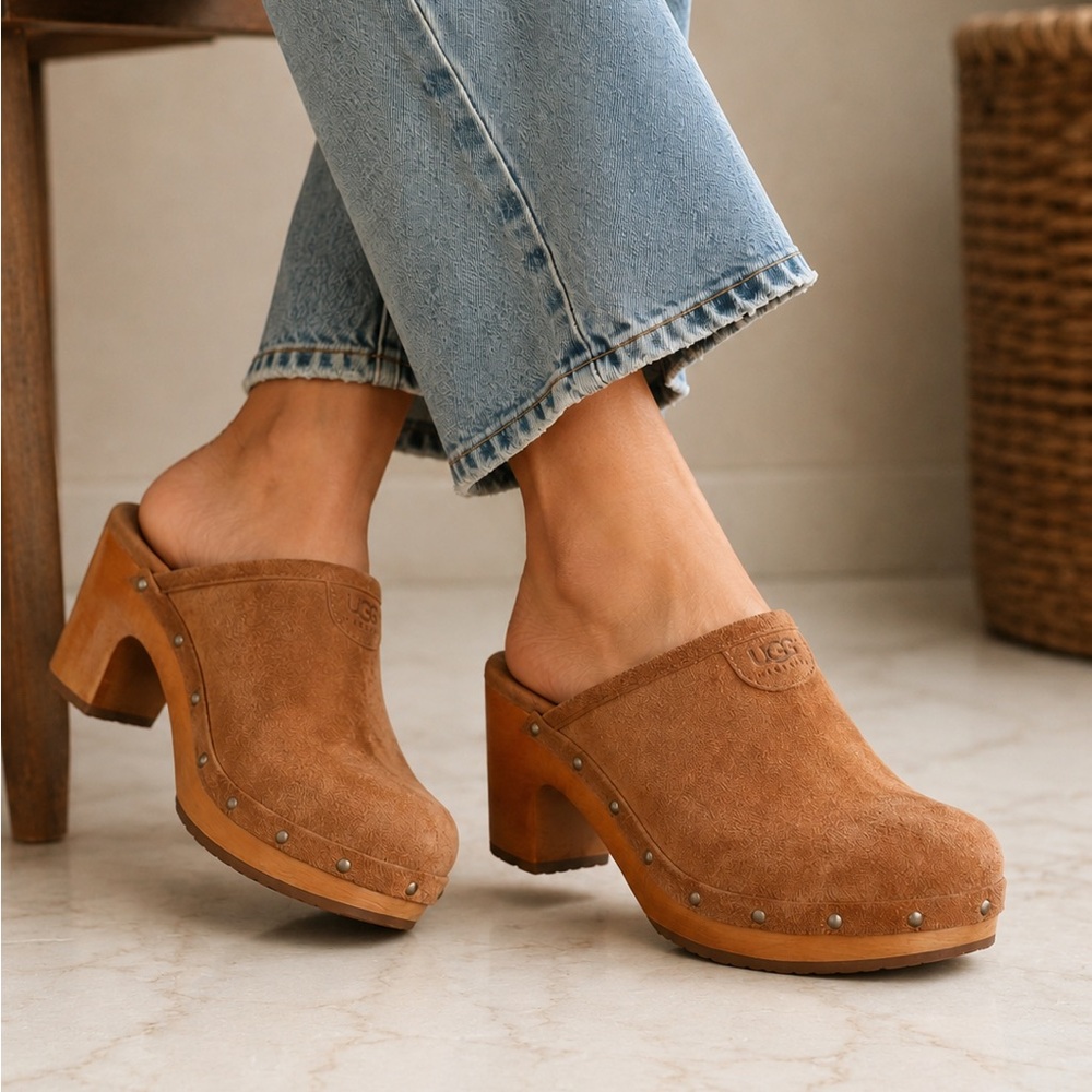 UGG Abbie Woodhills Sheep Skin Suede Wood Heels Rubber Soles Clog Mules Platform - Picture 1 of 14